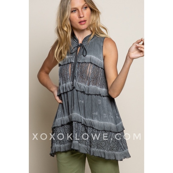 POL Charcoal Hand Dyed Ruffle + Lace Sleeveless Tunic Blouse - Picture 3 of 9